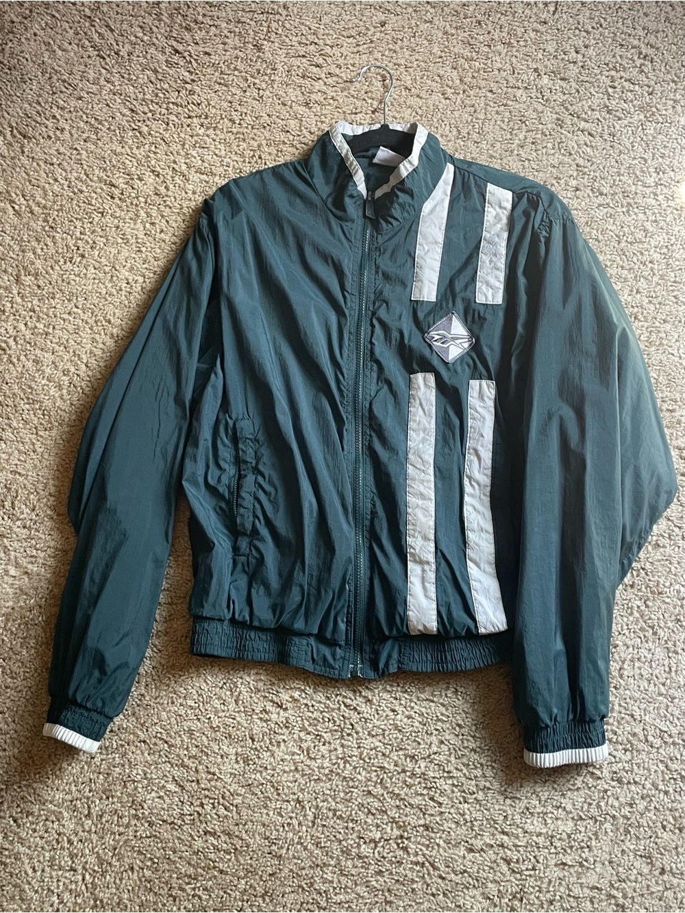 Reebok Dark Green Windbreaker Jacket with White Stripe Accents